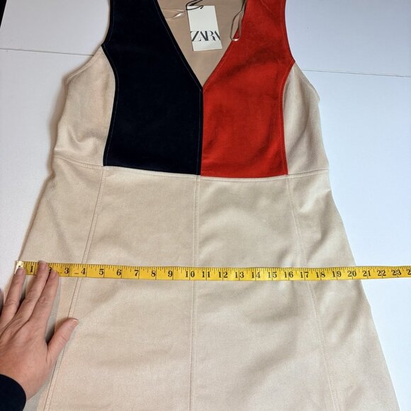Zara Womens Dress Faux Suede Microfiber Tan Black Red Color Block Sz L NWT - Picture 6 of 10